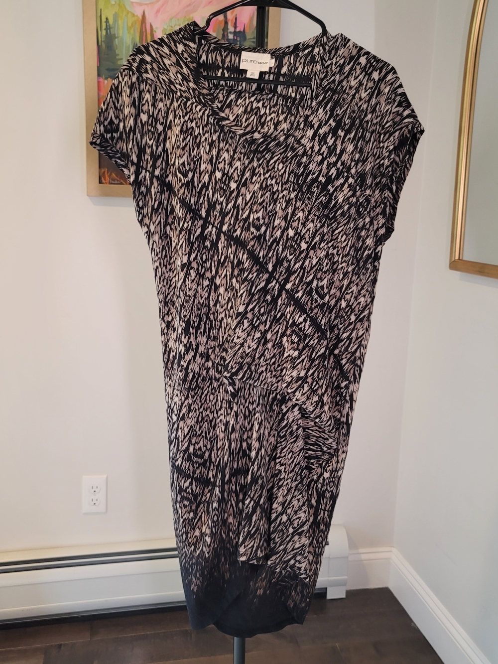 PURE DKNY 100% Silk Black‎ Tan Abstract Print Short Sleeve Dress Women's Size S